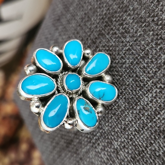 NWOT Native American Navajo Turquoise & Sterling Flower Cluster Ring 🩵💍🎁 - Picture 8 of 11